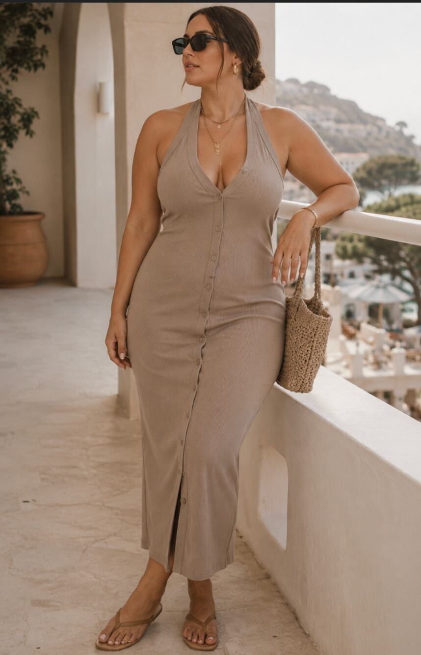 Timing Large New Halter Bodycon Nude Midi SunDress Fitted Preppy Casual Minimal